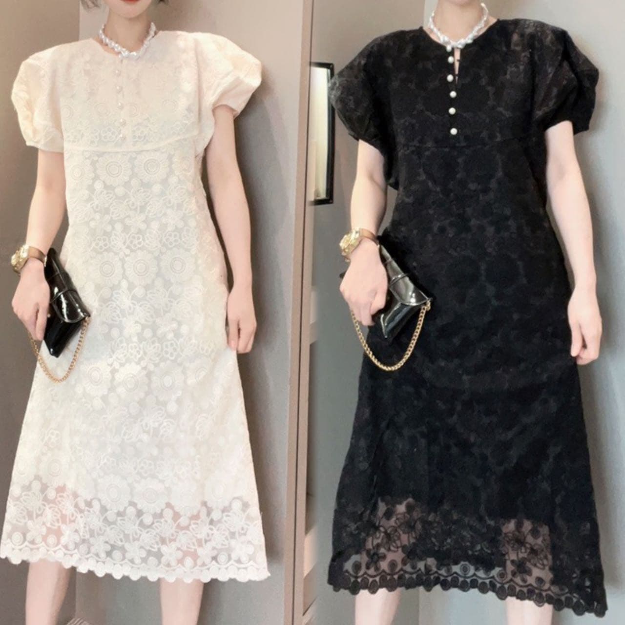 バルーンスリーブ刺繍レースパールボタンワンピース