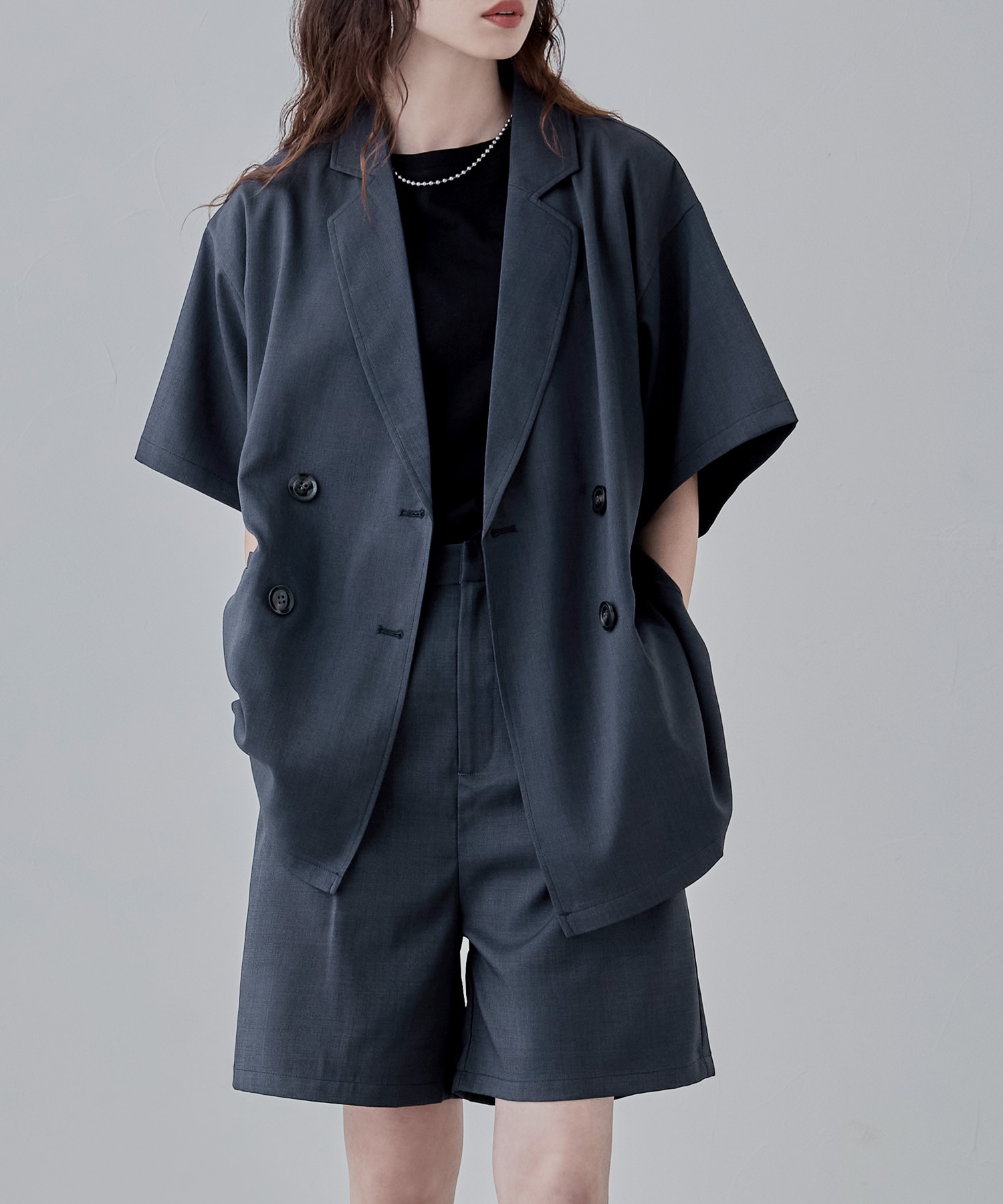 ヘザーエステルツイルハーフスリーブジャケット トップス アウター シャツ ジャケット テーラード エステル ツイル シャツジャケット 半袖 セットアップ ゆったり 羽織り 無地 ポケット