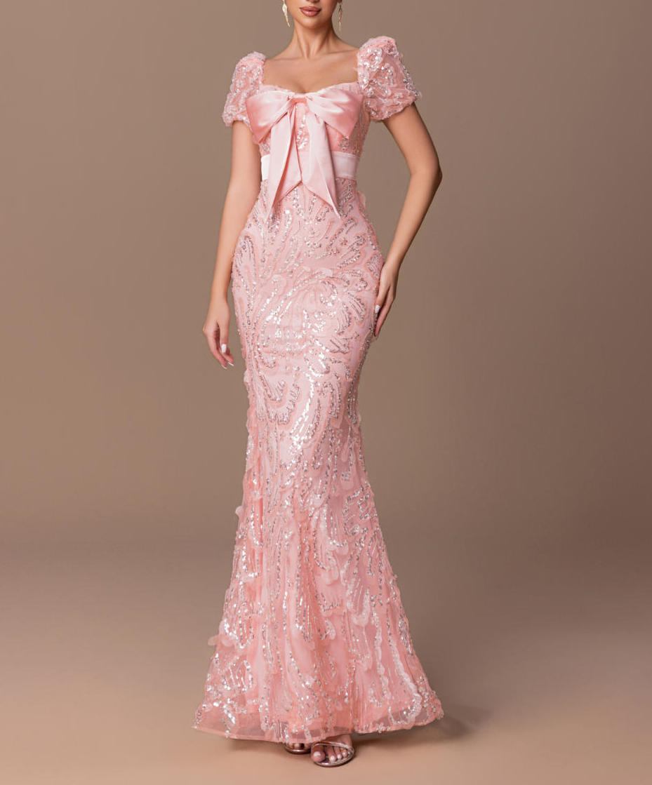 ウェディング·パーティー·ドレス 大きなリボン付きシーケンスイブニングガウンパフスリーブ繊細なエッジトランペットシルエットフォーマルな装いイブニングガラレッドカーペット結婚式