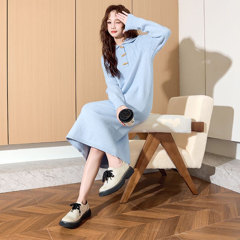 【急速出荷!】優しいブルーのロングスリーブワンピース ロングツイストニットセーターワンピース テンパメントワンピース ワンピースレディース ドレス ロングワンピース ニットワンピース ワンピース レデ