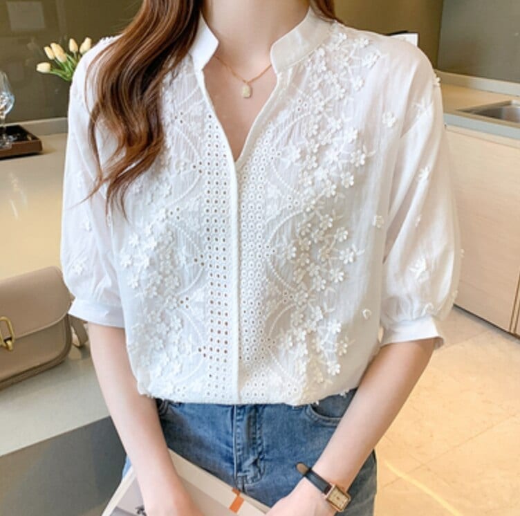 トップス デート かわいい 大人可愛い きれいめ シンプル カジュアル 大人 上品 おしゃれ お洒落半袖 Vネック 花柄 レース 刺繡 ホワイト 夏 2XL 韓国 休日 旅行 リゾート ママ モテ