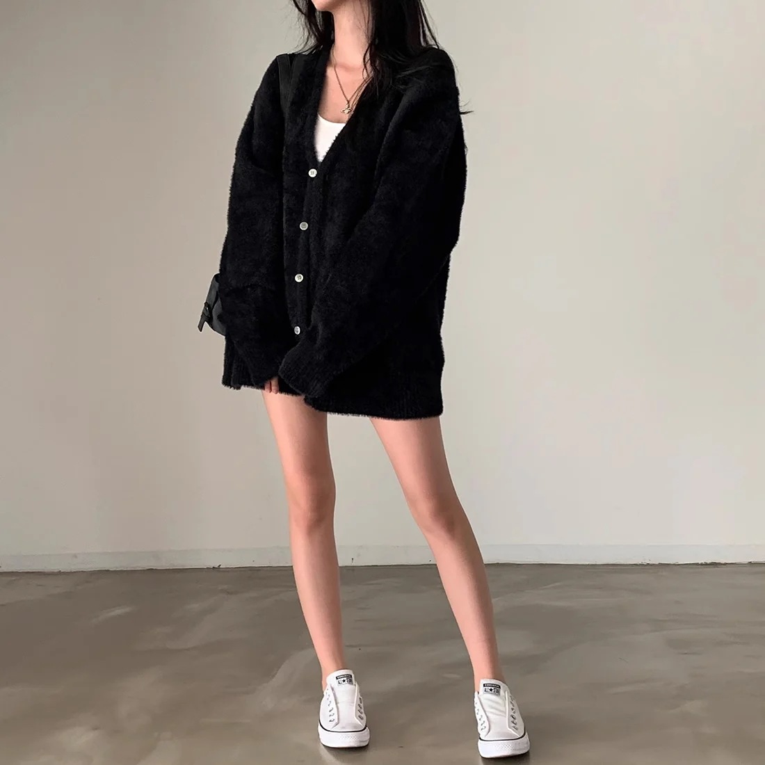 ニットカーディガン レディース モヘア調 オーバーサイズ 韓国 ファッション 冬 羽織り 毛足ニット