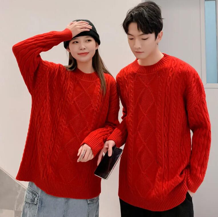 韓国ファッション 秋と冬 新しい 怠惰なレトロ 通勤 ゆったり カジュアル カップルのセーター 結婚証明書の登録写真のペアルック セーター着 クリスマスの赤いセーター PQ26