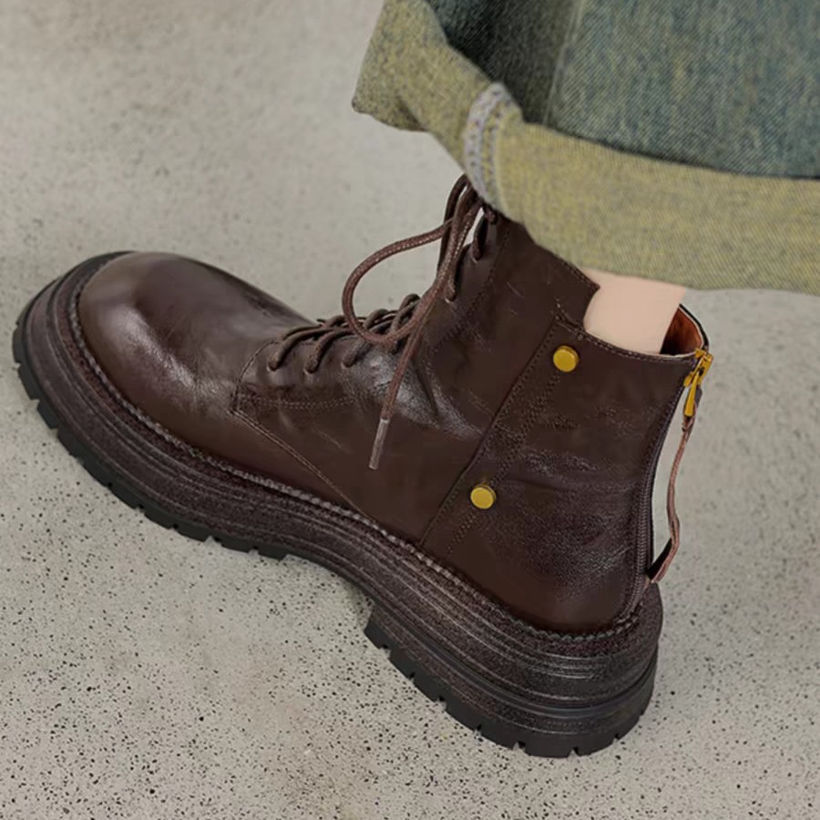 レディース ソフトラムスキン ブラウン 厚底 本革 アンクルブーツ 2025年秋冬新作 ラウンドトゥ レトロ 万能 英国風 マーティンブーツ