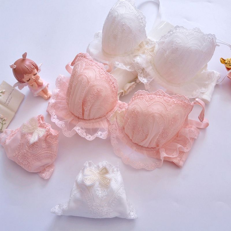 大好評！可愛いセット下着 新調したいナイトブラ 人気ブラジャー システム刺繍 2 色刺繍学生女の子かわいいギャザー セクシーなランジェリー ブラ セット355