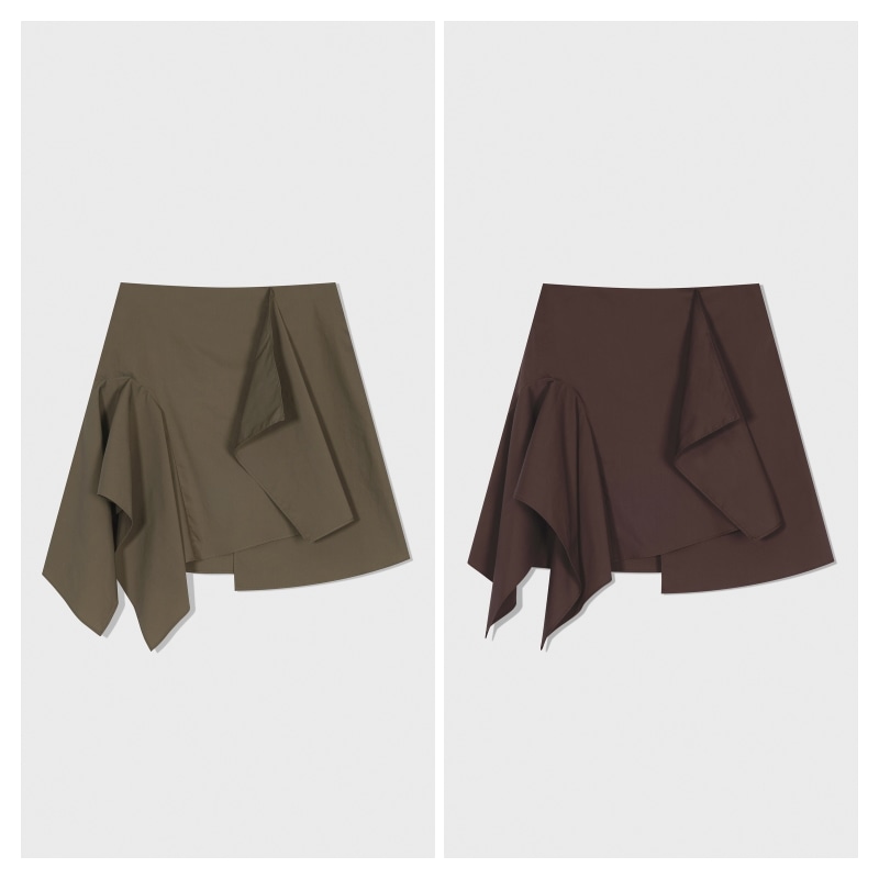 【LOW CLASSIC】 UNBALANCE DRAPE MINI SKIRT : 2COLORS