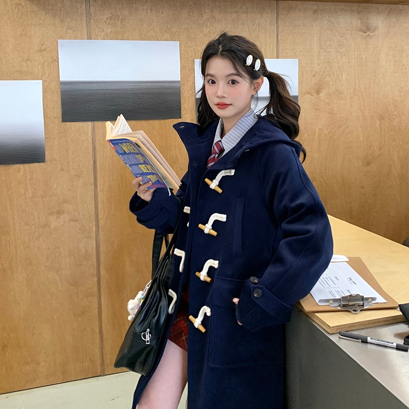 JKコートウールカレッジスタイルホーンボタンウールコートフード付きレディース秋冬新作S