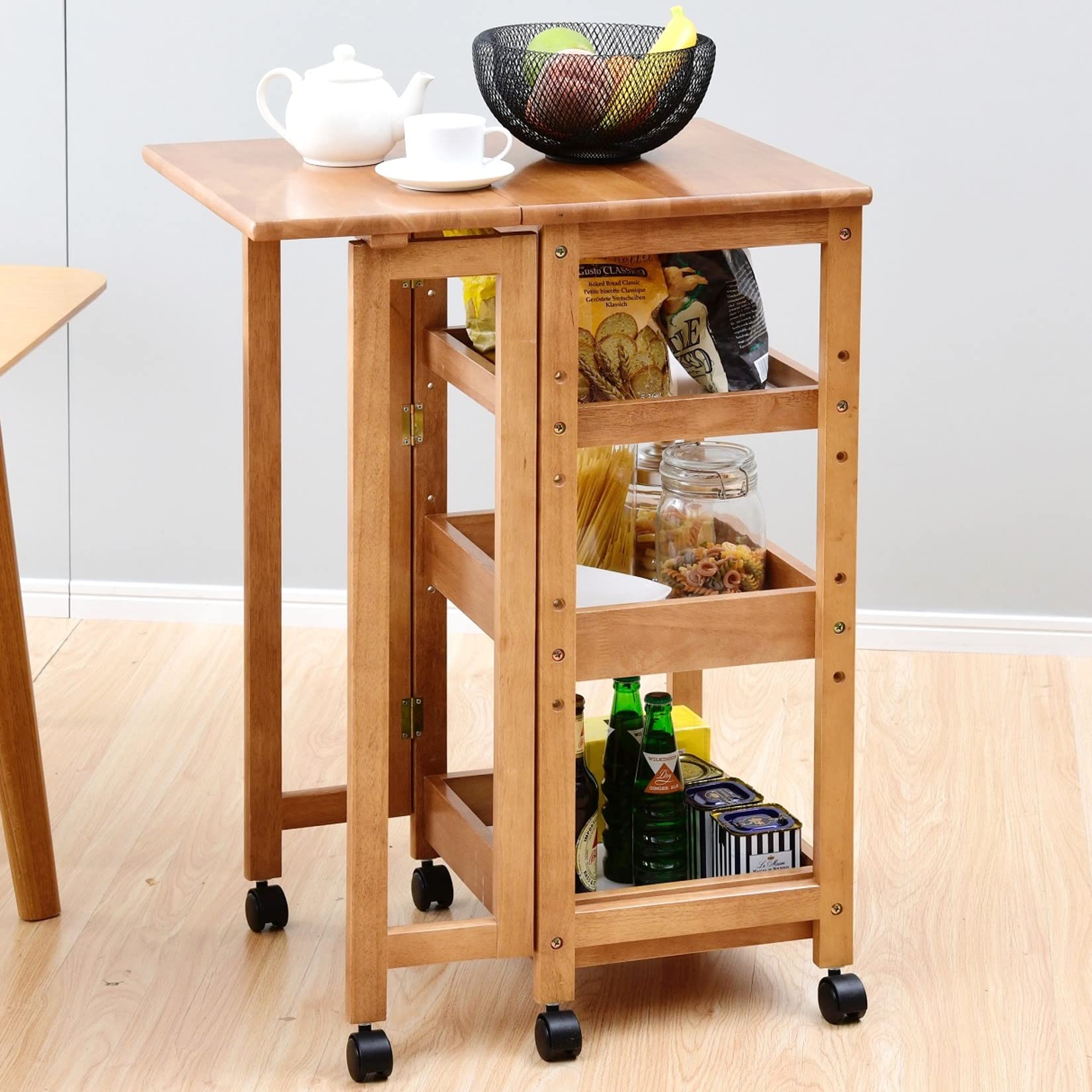 山善(YAMAZEN) ワゴン キャスター付き 3段 (折りたたみ) キッチン 作業台 幅45×奥行40/62×高さ85 棚板高さ調節 バタフライ テーブル 調味料ラック 組立品 天然木 ミッドブラウ