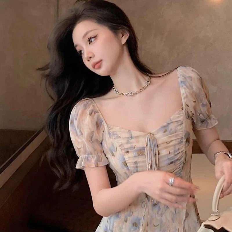半袖ドレス女性と新しいフランスの花柄ショートドレス甘い気質薄いセクション薄いネクタイ