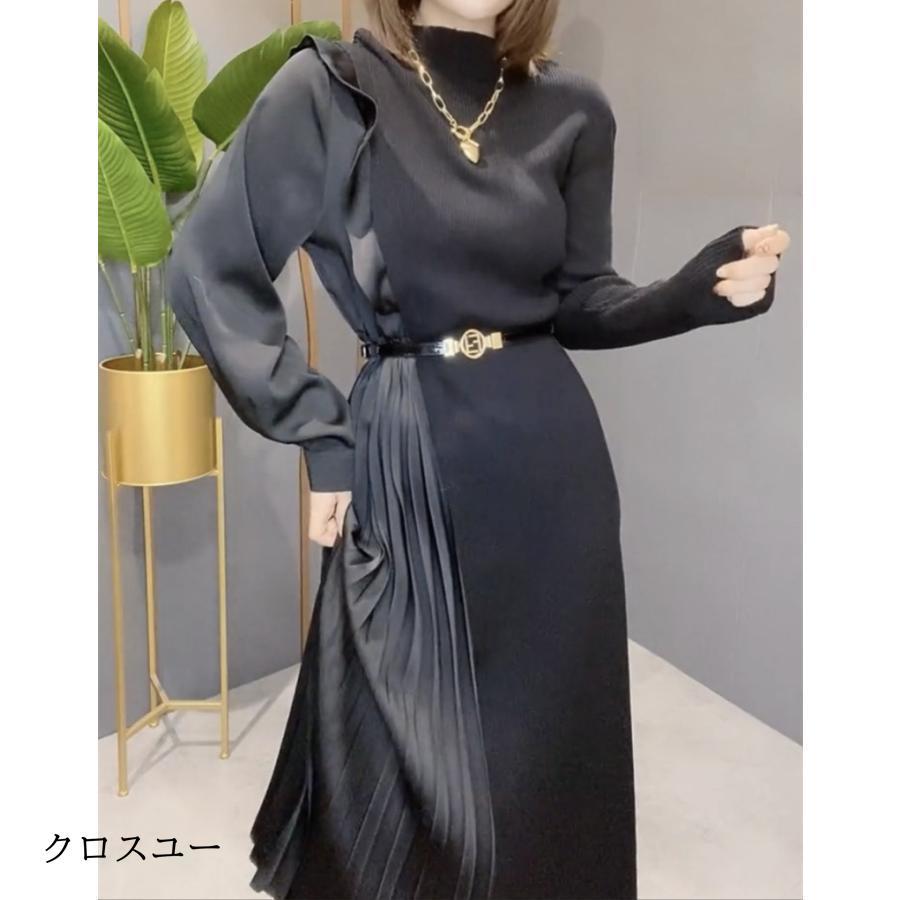 プリーツワンピース レディース ワンピース ベルト付き スプライシング 高級感 魅せる ギフト 韓国風 おしゃれ ファッション 春秋冬 切替