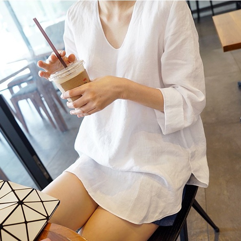 トップス シャツ 7分袖 深Vネック プルオーバー サイドスリット ミディアム丈 かわいい 大人可愛い きれいめ シンプル 上品 おしゃれ かっこいい カジュアル こなれ感 個性的 主役級 ラフ