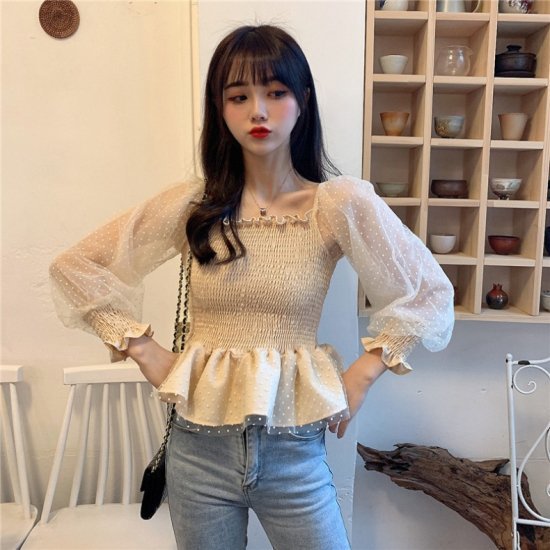 ブラウス シャツ レースブラウス レディース スクエアネック オフショルダー シャーリングブラウス ペプラム 透け感 シアー フリル ドット柄 水玉 パフスリーブ かわいい ガーリー おしゃれ 春夏