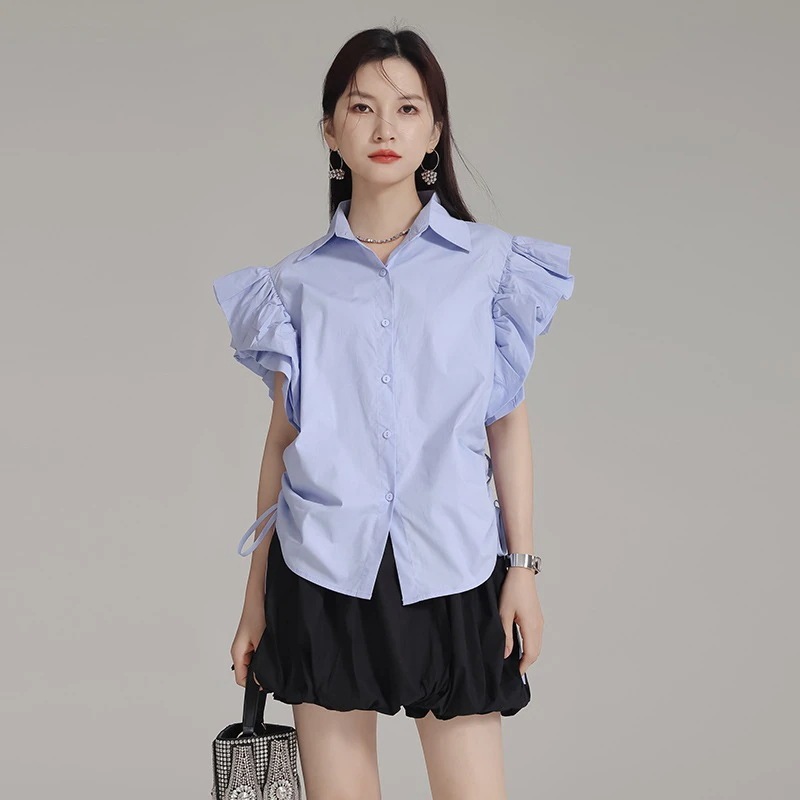 【J.Fashion】 フリル ブラウス 側巾着 おしゃれ 着痩せ レディース 夏 ブラウス 関連商品は店で購入可能30%までに制限