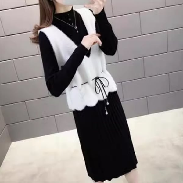 2点セット レディース スカート ニット ベスト 膝下 袖なし ノースリーブ Vネック 襟なし フェミニン 大人可愛い きれいめ シンプル カジュアル 上品 おしゃれ こなれ感 ラフ 個性的 クール