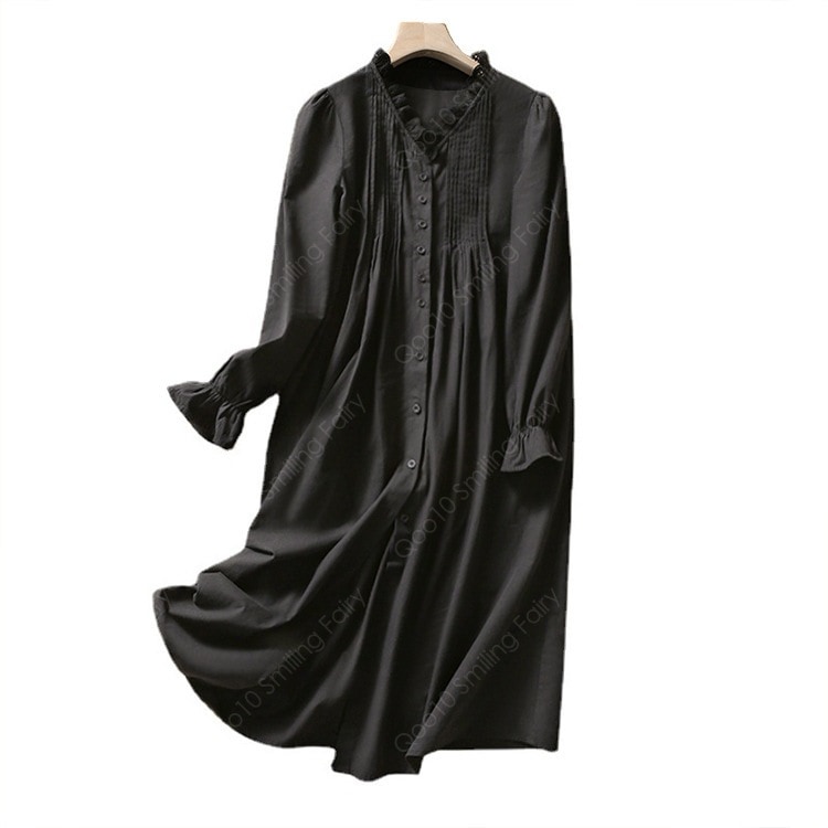 【新品追加】【最安値挑戦】気品Vネック2024春ワンピース女性新型a字スカート長袖タイプ日系春服スカート-53