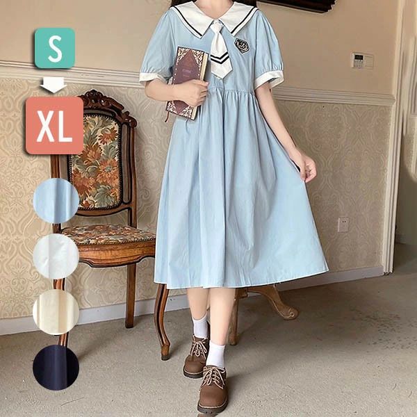 【3日出荷】ワンピース半袖夏用ビッグカラーセーラー風胸元リボン夏服かわいいレディース中学生ゆったりフリル裾デコ襟大きいサイズTシャツ