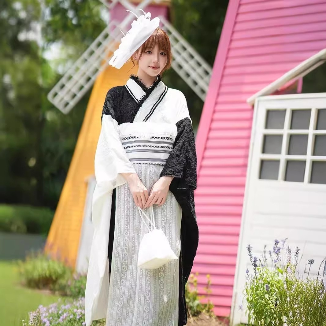 【送.料.無.料.急速発送】浴衣白黒レース大振袖卒業ドレス正装甘い舞台装着物