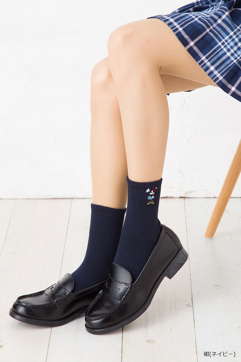 クルーソックス ミニー ワンポイント刺繍 14cm丈 紺 白 23 25cm スクールソックス ディズニー レディース Minie Disney Socks Ladies