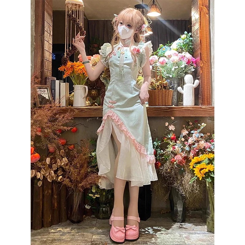 優しい気質で甘いフライングスリーブドレス ボタンステッチ改良付き 5,547円