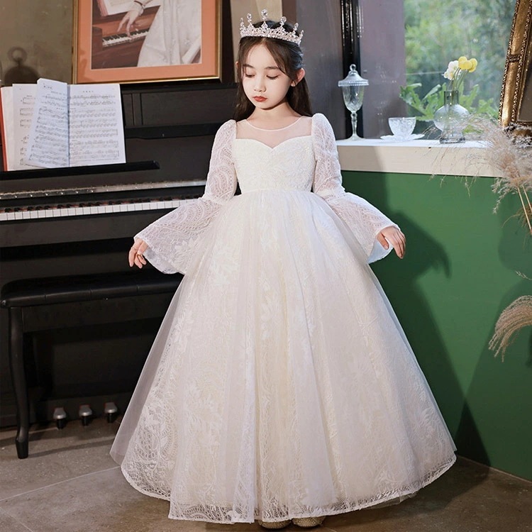 子供ドレス 白 レース 花柄 ロングドレス ピアノ発表会ドレス 女児ドレス ホワイト スピーカー袖 オシャレ キッズドレス 演奏会ドレス 女の子 プリンセスドレス フォーマル 100~160cm