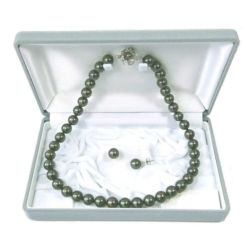 [あなたと私の宝石箱] 別珍ケース黒真珠・ネックレスイヤリング（ピアス）P45 10.0mmケース入り黒蝶貝パール10.0ミリピーコックカラー【ギフトラッピング済み】 (45 10.0mm ピアス