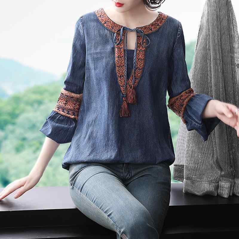 アジアン エスニック トップス 春秋 デニム レトロ 刺繍 長袖 レディース ラウンドネック プルオーバー シンプル 普段使い おしゃれ おでかけ カジュアル
