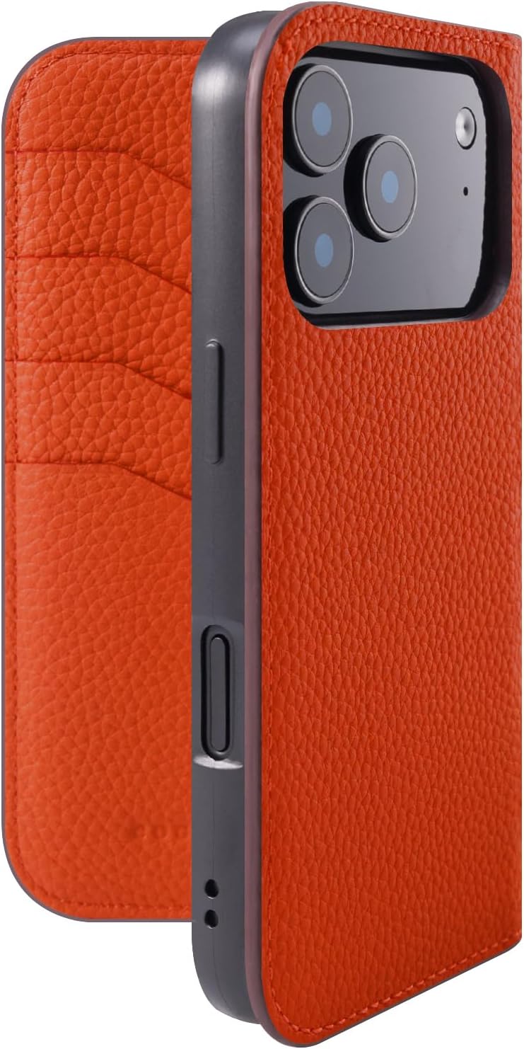 COGURE 互換 iPhone 17 Pro ケース 手帳型 本革 PDE オレンジ