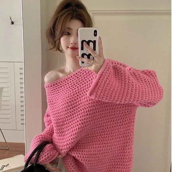 人気なリブニット Tシャツカットソー オフショルダーデザイン セーター レディース ゆったり 怠惰な風 百掛け ニットカーディガン 韓国ファッション トップス 5,615円