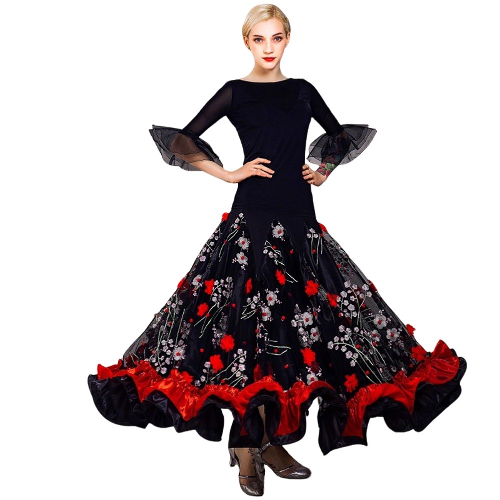 社交ダンススカート（単品）花柄 ワルツダンスウエア モダンドレス 大きい裾 レディース ワルツ ロングスカート ダンススカート衣装 レッスン用 舞台ステージ衣装 練習着 レッスンウエア 演奏会