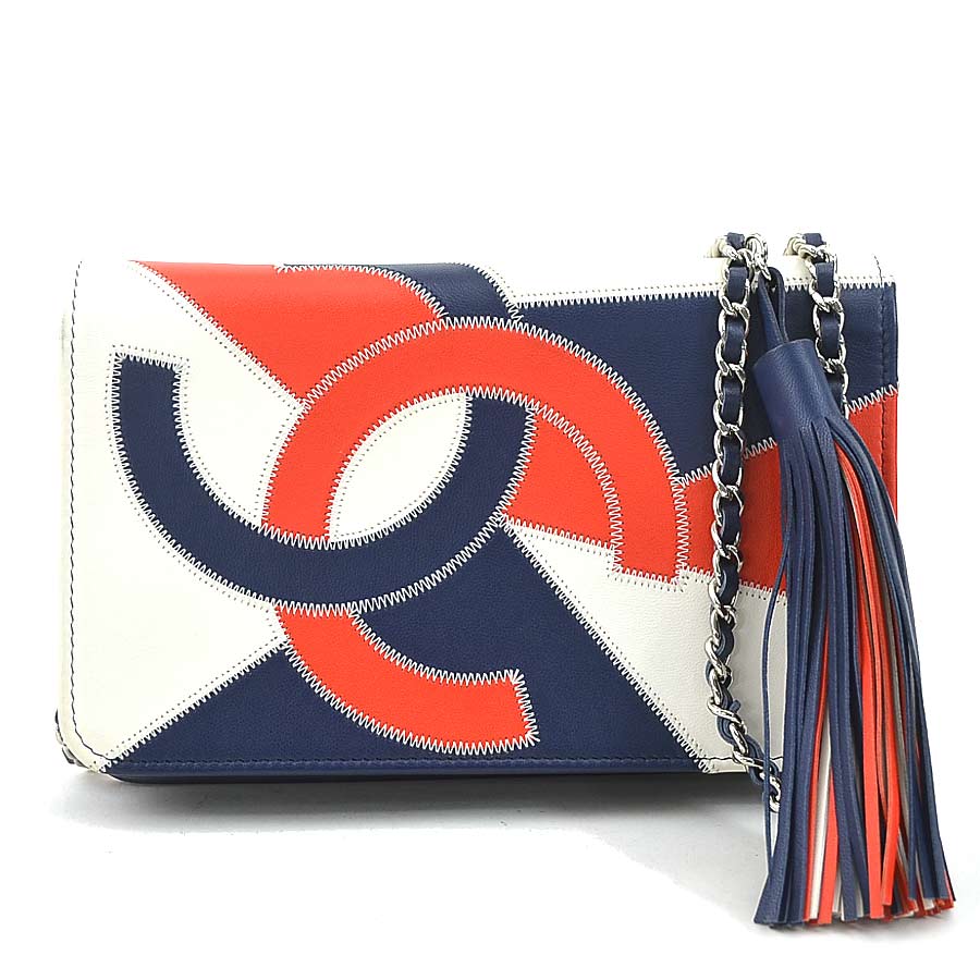 シャネル CHANEL ウォレットチェーン 斜め掛けショルダーバッグ レザー ネイビー/オフホワイト/レッド シルバー レディース e60376g