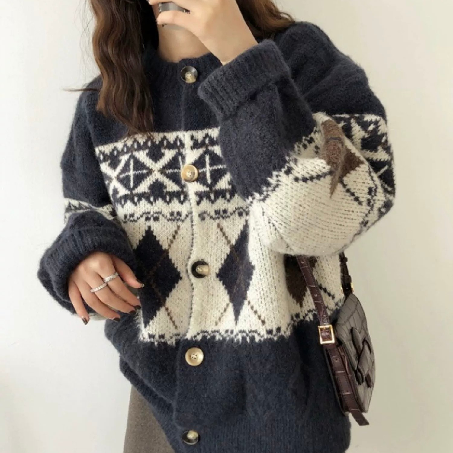 カーディガン レディース トップス ニット 長袖 前開き ルーズ 大人可愛い きれいめ シンプル 上品 お洒落 かっこいい レトロ 大人女子 こなれ感 ラフ アーガイル柄 オルチャン 20代 デート