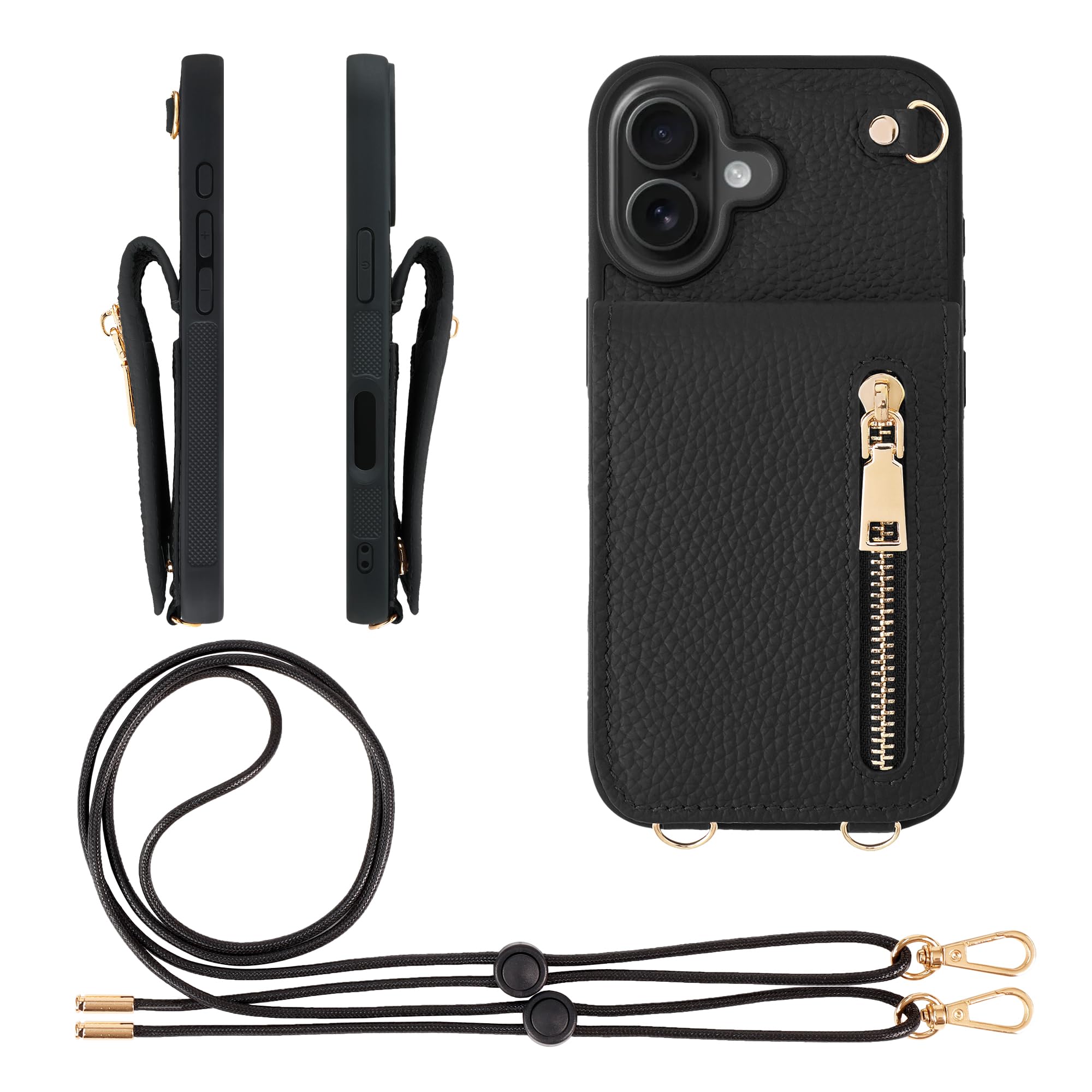 HANATORA for iPhone 17 ケース 本革 スマホケース スマホショルダー カードポケット スタンド ショルダーストラップ 付き シュリンクカーフレザー コインケース 小銭入れ ブラッ
