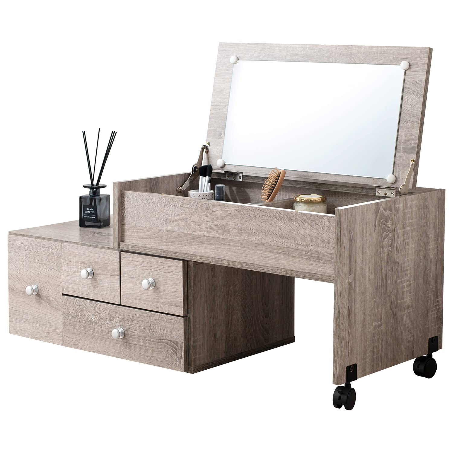 ドレッサー ロータイプ 伸縮式 デスク 2口コンセント 引出し付き コスメ 収納 化粧台 コンパクト 寝室 ベッドサイド 木製 幅63～110×奥行40×高さ26cm グレー RD-1627GY