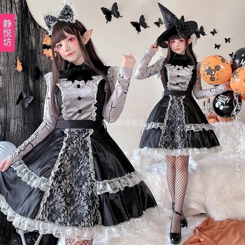 ハロウィン 大人 コスプレ 魔女 レースドレス ダークキャットウーマン パーティードレス ロリータ メイドドレス