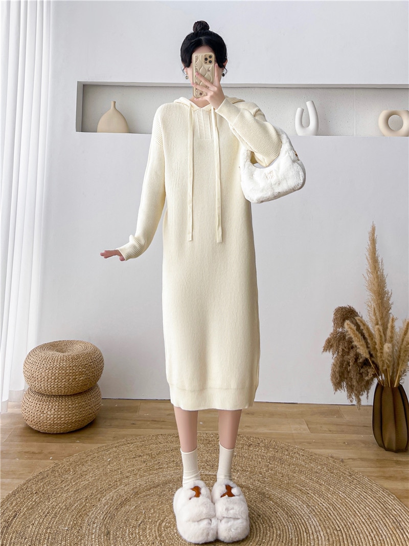 ロングニットワンピースレディース秋冬新作インナーゆったりフード付きセーターセーターワンピース
