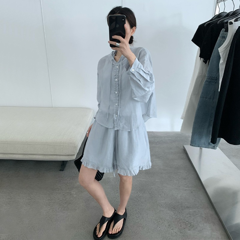 カジュアルで甘いフリル付き薄手フード付きシャツショーツ2点セットレディース25夏新作24995