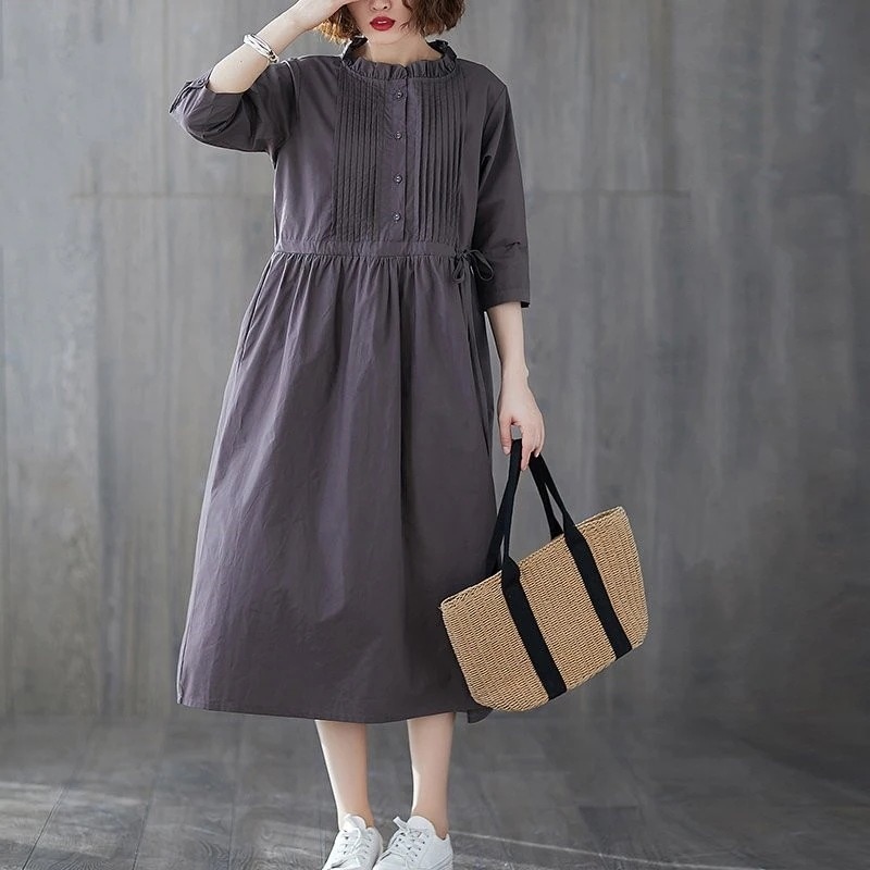 ワンピースシャツワンピースロングロングワンピシャツレディース秋7分袖無地フリルネック体型カバーシンプルマキシ通学