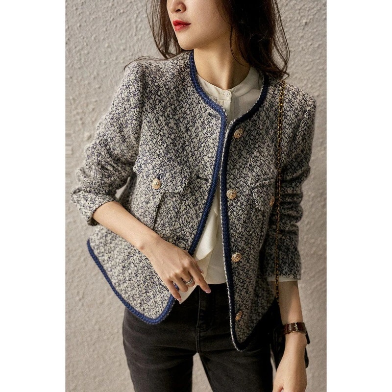 ツイードジャケット レディース長袖 40代 ノーカラージャケット チェック柄 ショット丈ツイードコート 春コート 薄手アウター 秋服 韓国風 通勤OL 30代 50代