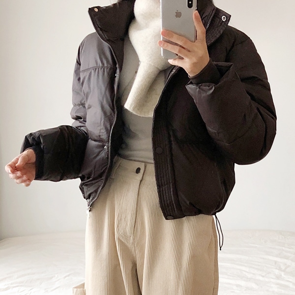 韓国ファッション ハイネック ジップアップ ストリング ウェロン クロップ ショート ダウン