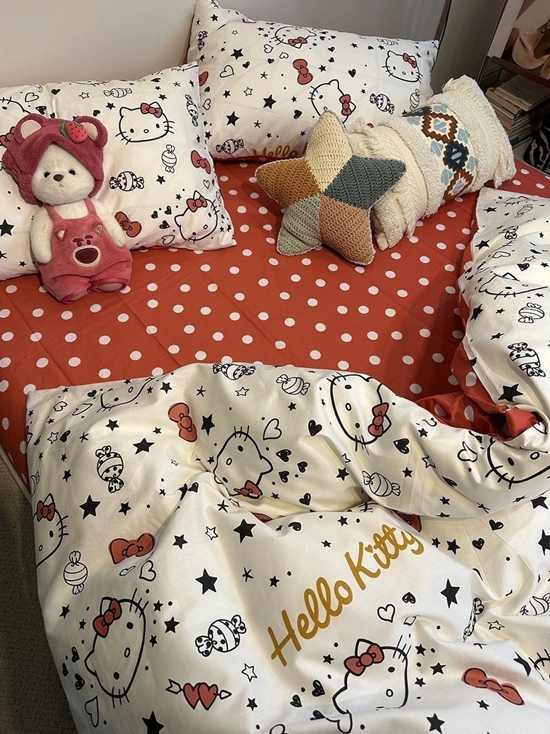 kt 猫コットンベッド4点セット 掛け布団カバーシーツシーツ ドミトリー3点セット