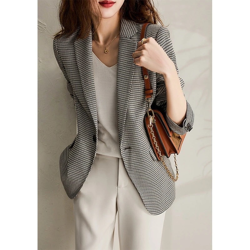 テーラードジャケットレディース長袖スーツジャケットチェック柄ブレザーコート春コートアウター秋服韓国風通勤オフィス
