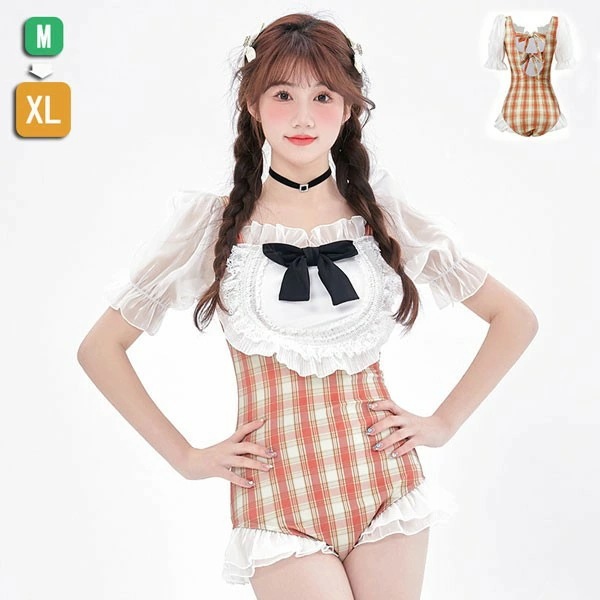 水着 レディース 一体型 チェック柄 ハイウエスト セクシー 可愛い リボン 体型カバー 着痩せ パッド付 かわいい 女性 海水浴 温泉 韓国ファッション セクシー感 df021m3m3jc