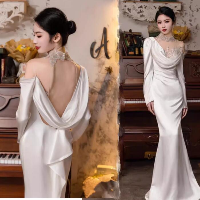 ホワイト　ウェディングドレス　長袖　 ロングドレス ウェディングドレス 白　総レース　パーティードレス　二次会ドレス　ブライダル　撮影　XS/S/M/L/XL/　レディース　ドレス 　マーメイド