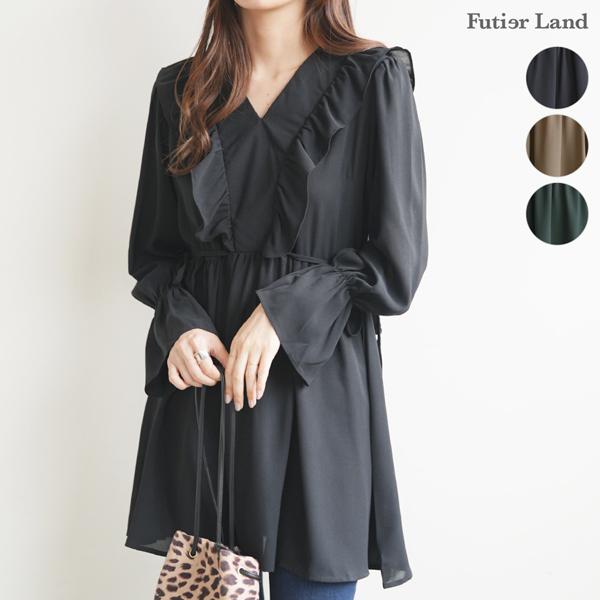 チュニック ワンピース フリル リボン ブラウス ギャザー Vネック 韓国 ファッション サイドリボンフリルチュニックワンピース
