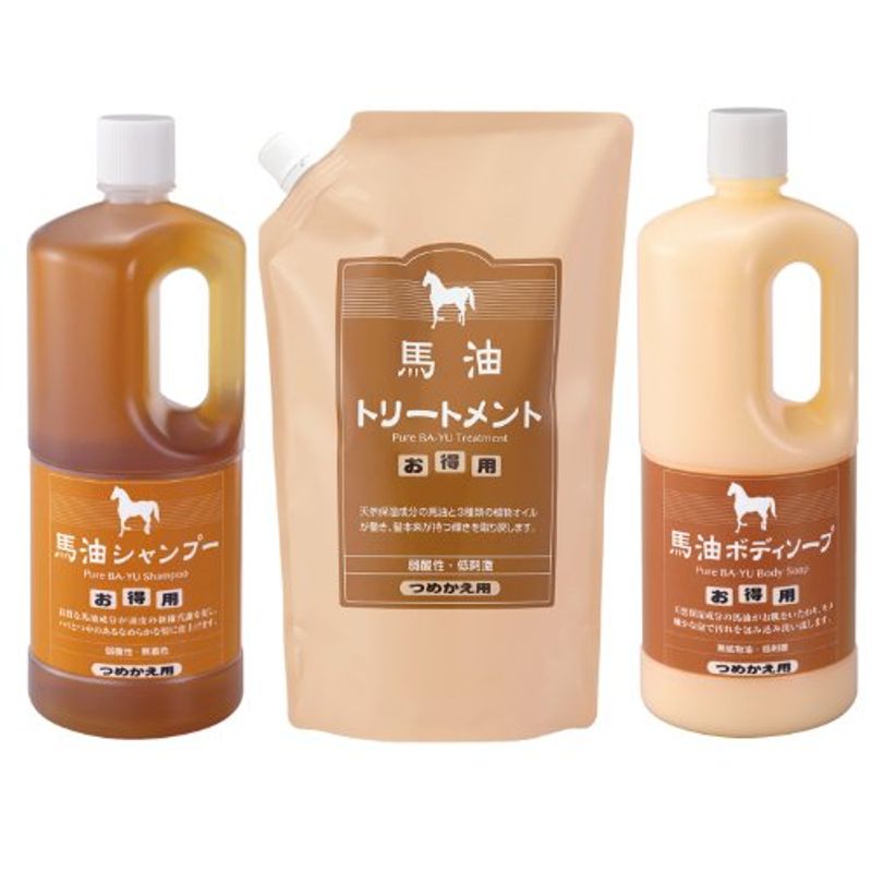 アズマ商事の 馬油シャンプー トリートメント ボディソープ 詰替え用 各1000ｍｌ