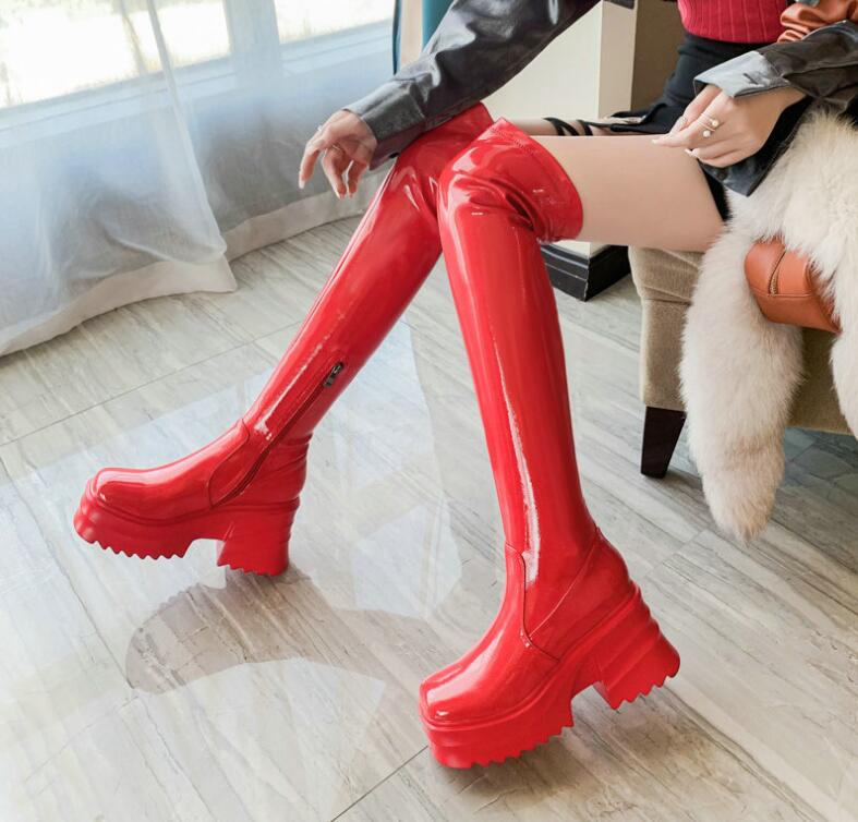 【当店人気商品】レディースブーツ　ニーハイブーツ　厚底ロングブーツ　エナメル　9センチ　ハイヒール　光沢　ロング丈　秋冬　春秋　サイハイブーツ　大きいサイズ　26.5cmまで　小さいサイズ　スーパーロ