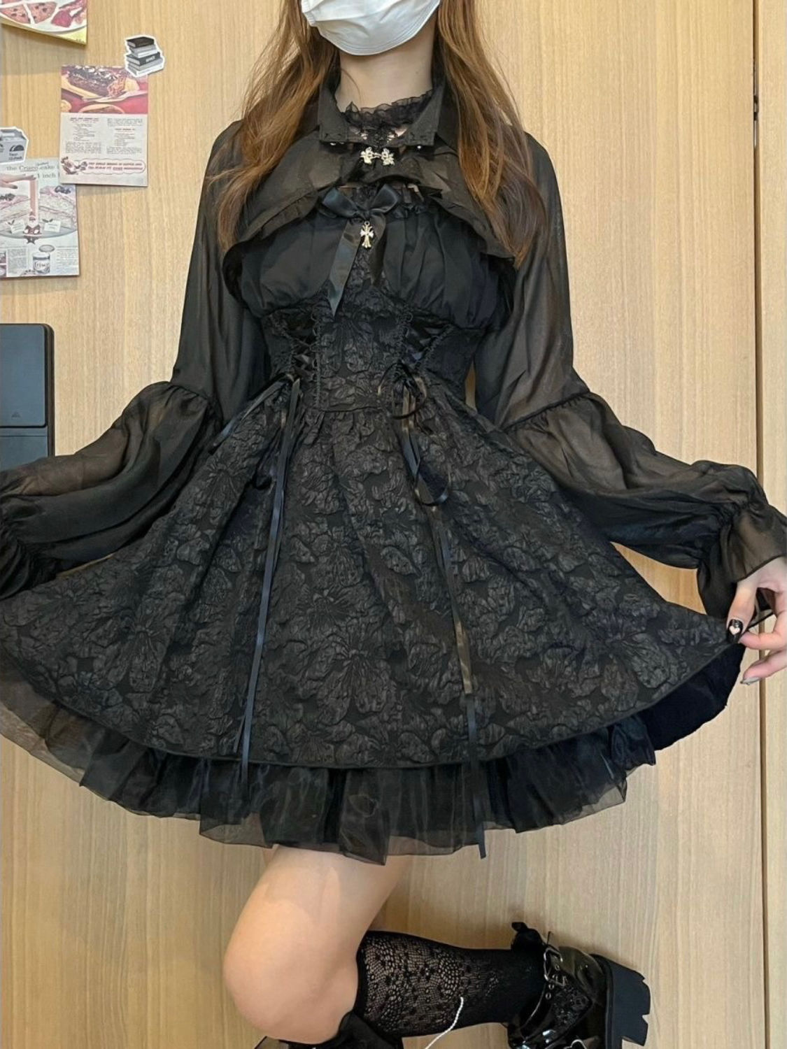 ロリータ ゴシック風ダークウエストワンピースバレエ風パーティードレスセット