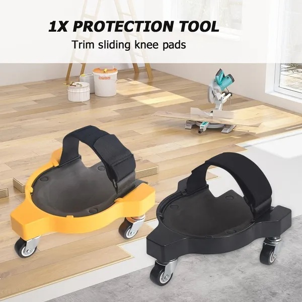 車輪付きローリング膝保護パッドを保護するタイルスライドを敷設する労働者