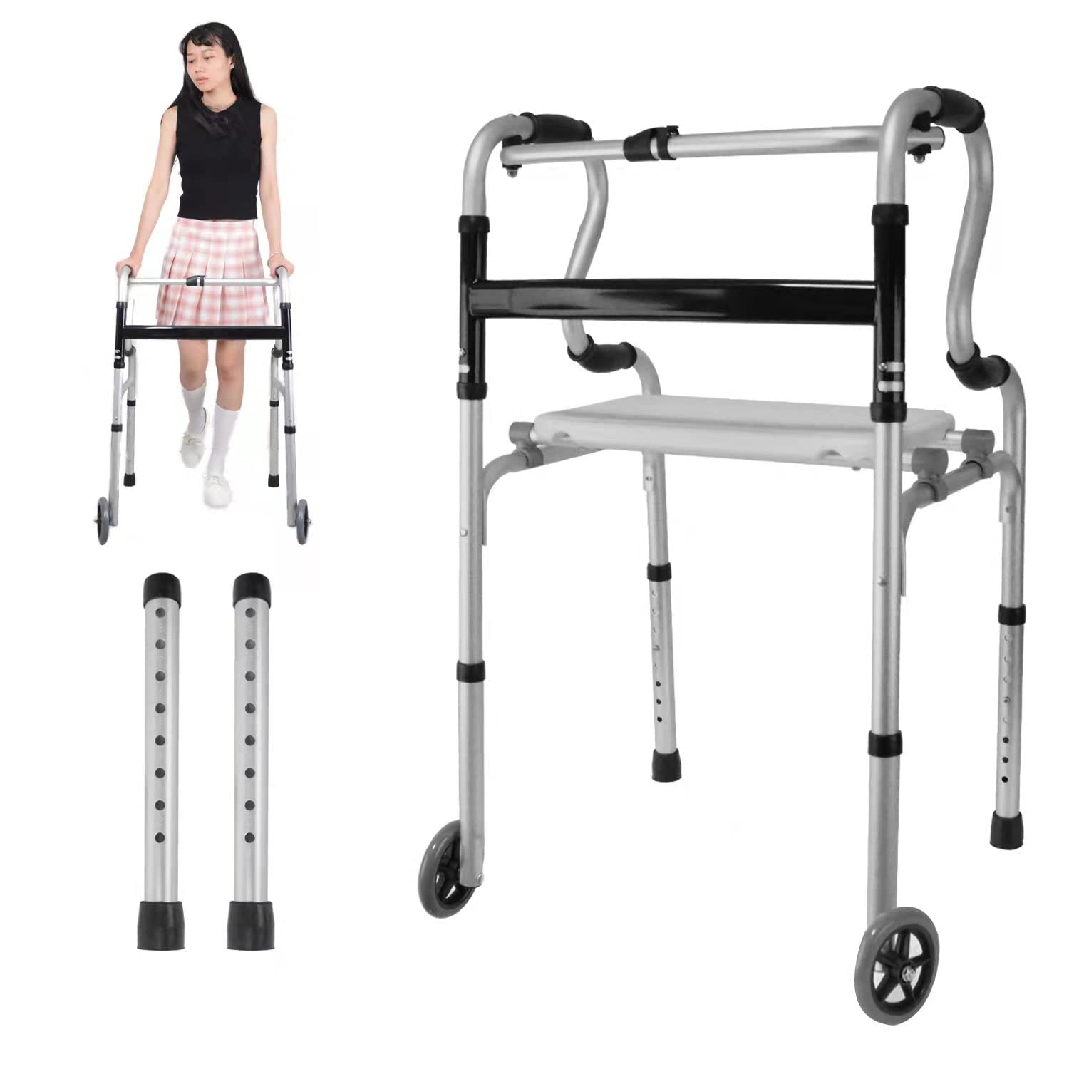 歩行器 折りたたみ 軽量 アルミ製 固定・交互・前輪3way式 高さ8段調節 立ち上がり 歩行補助具 介護用風呂椅子 キャスター 取替可能 高齢者用 耐荷重180kg 持ち運び便利