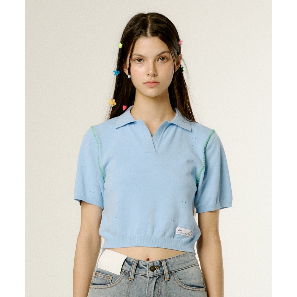 FREI ハンドメイドステッチ半袖ニット (スカイブルー)